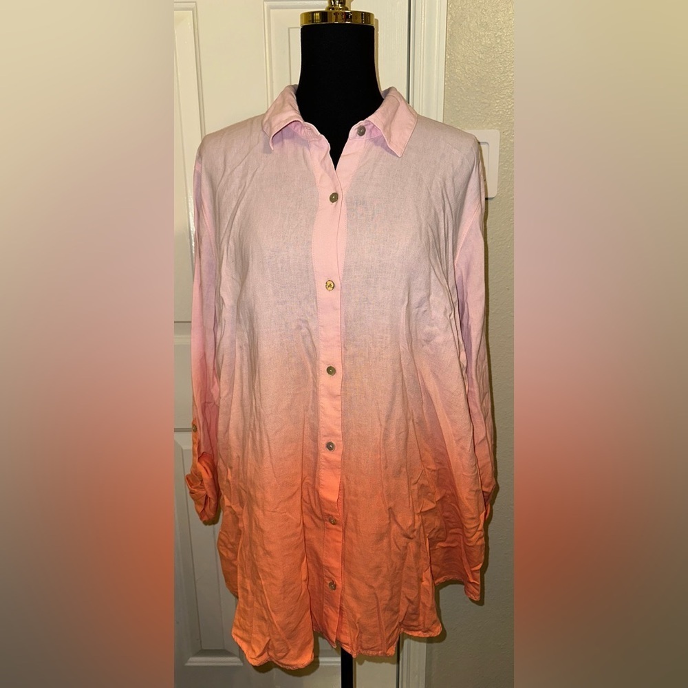 J.Jill Women’s XL Linen Viscose Button Down Shirt Pink Orange Ombre NWT